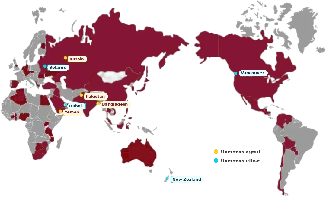 World map of Kaleter overseas offices in Vancouver, Belarus, Dubai and New Zealand, and agents in Russia, Pakistan, Bangladesh and Yemen